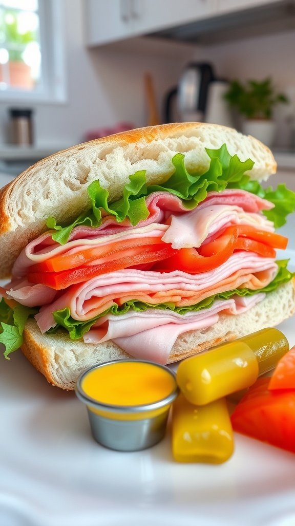 A fresh deli sandwich with turkey, cheese, lettuce, and tomato on soft bread, with pickles on the side.